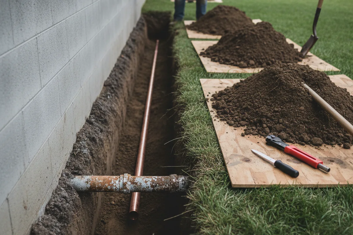 Excavated water line trench during Water Softener Installation in La Rue
